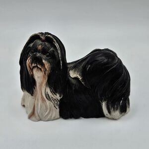 VINTAGE Hand Painted Black and White Shih-Tzu Dog Resin Figure Figurine Estate